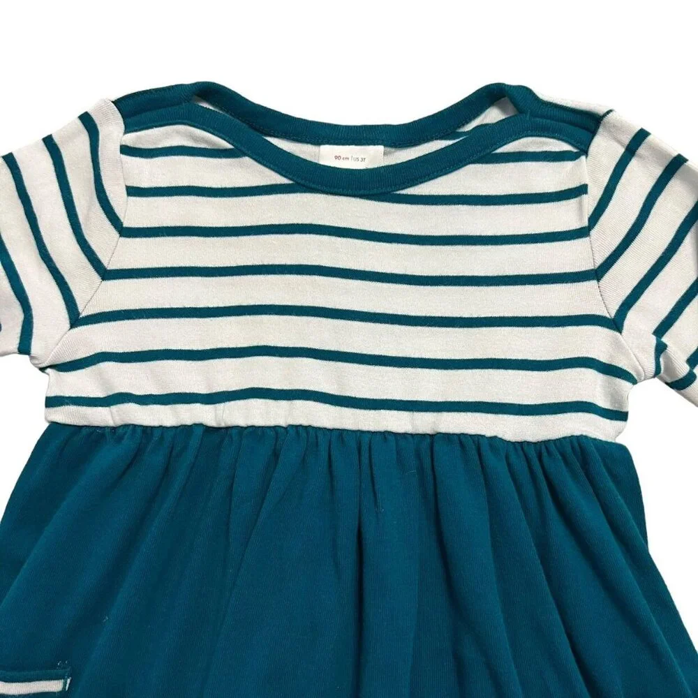 Hanna Andersson Sz 90 (3T) Teal Striped Dress & Bloomers